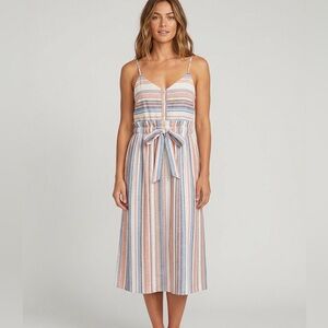 Striped Midi Tie-Waist Sundress in Blue, Coral & Cream